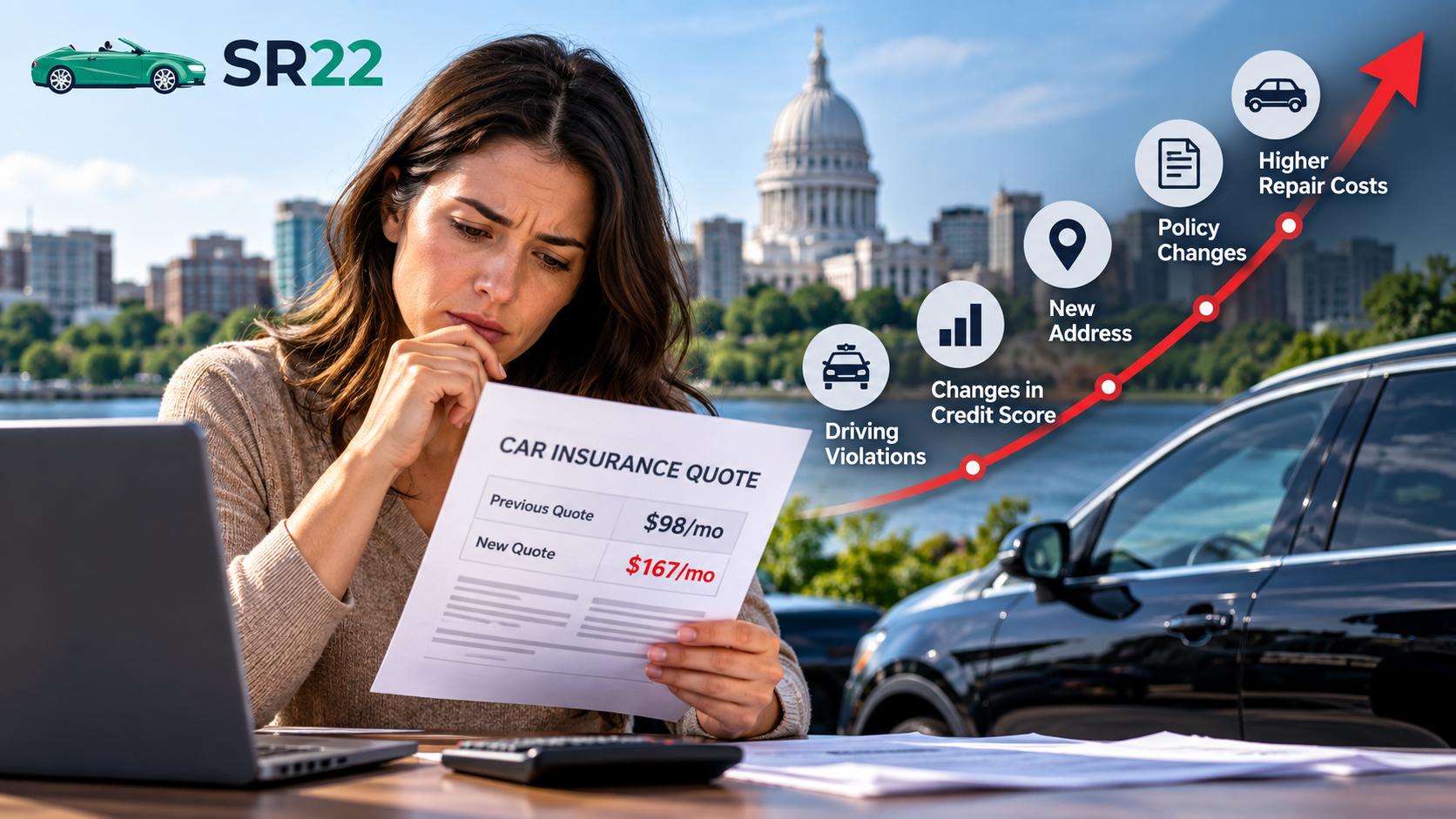 Wisconsin driver reviewing a changed car insurance quote after an insurer checks driving and claims records