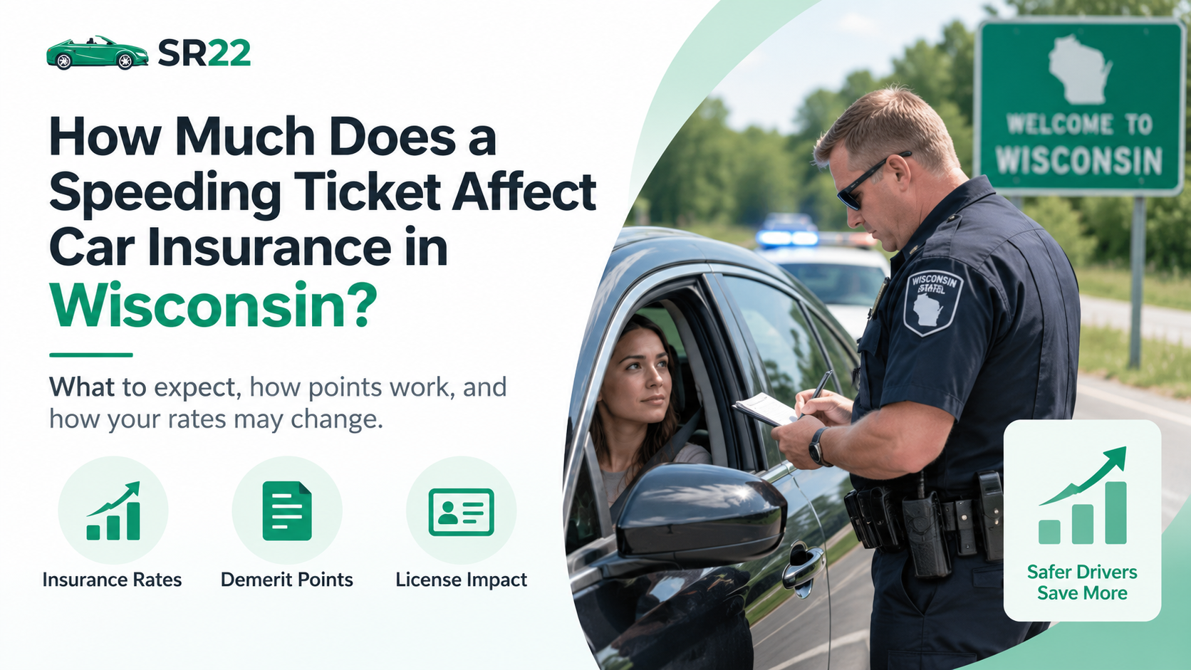 Wisconsin driver receiving a speeding ticket and learning how traffic violations can affect car insurance rates, demerit points, and license status.