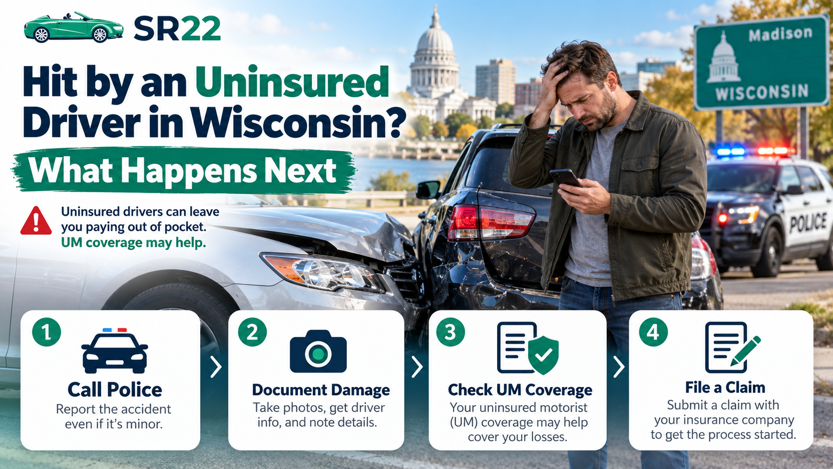 Wisconsin driver dealing with an accident after being hit by an uninsured motorist