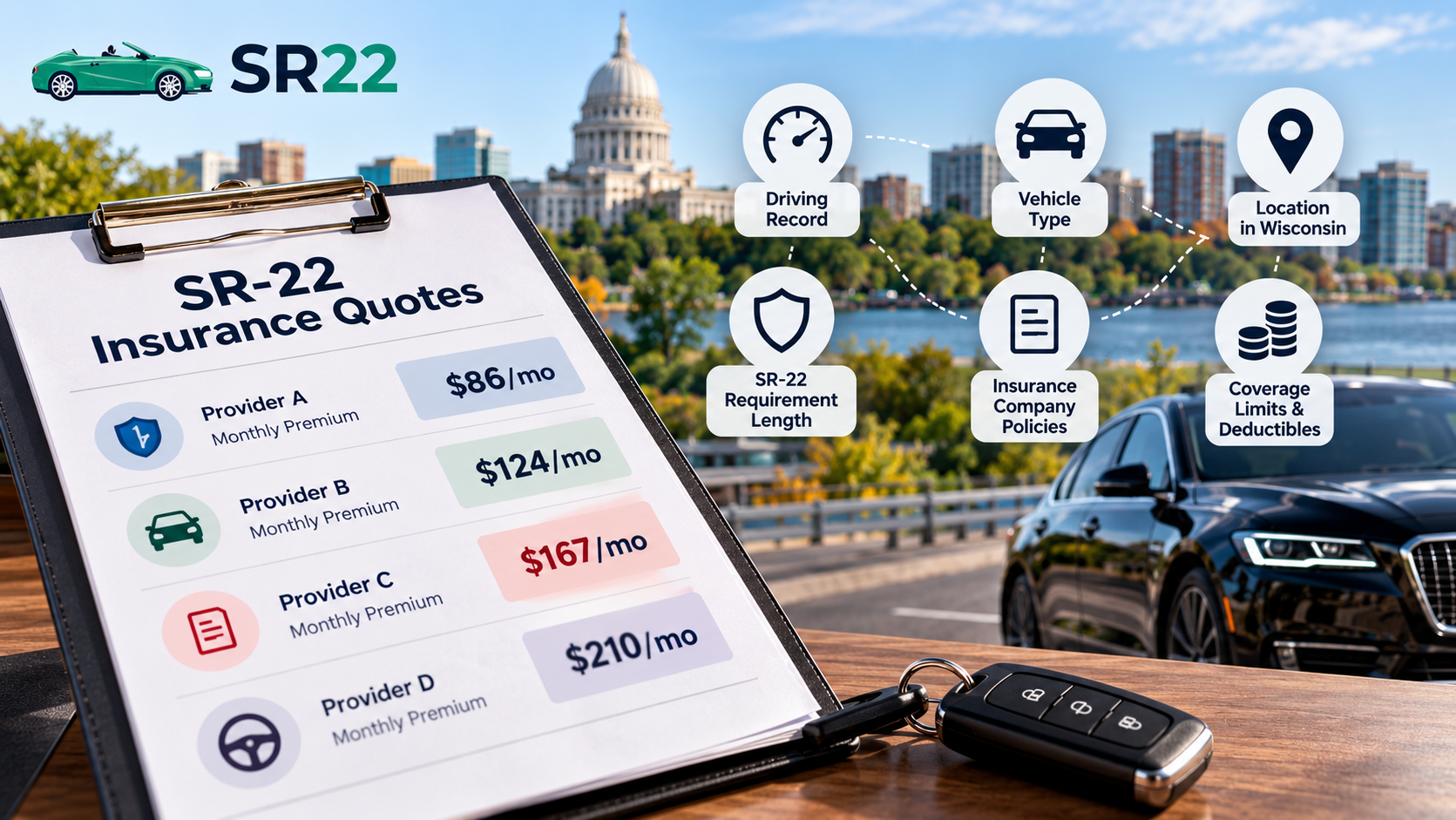 Wisconsin driver comparing different SR-22 insurance quotes and coverage prices